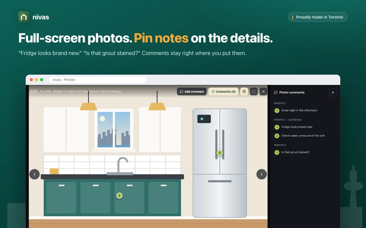 A full-screen listing photo with numbered comment pins and the photo comments panel.