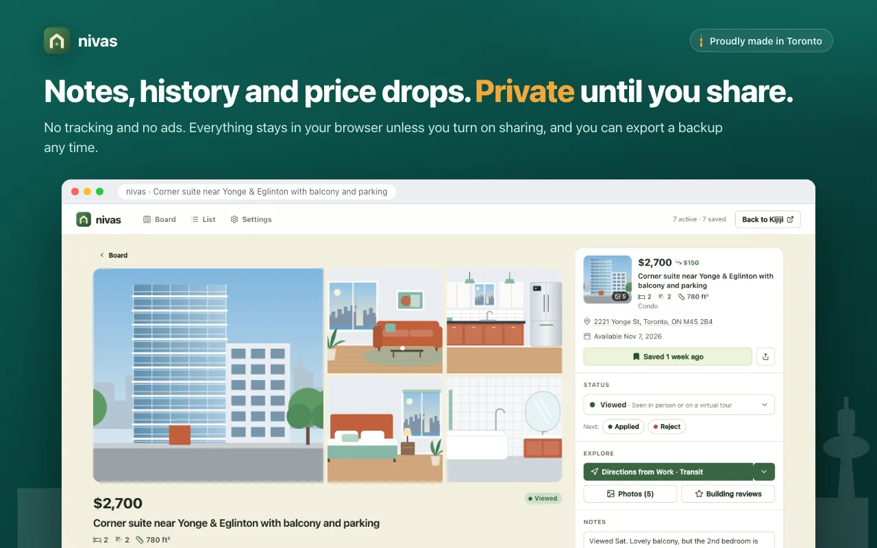 A nivas listing page with its photos, status, notes and history, stored in your browser.