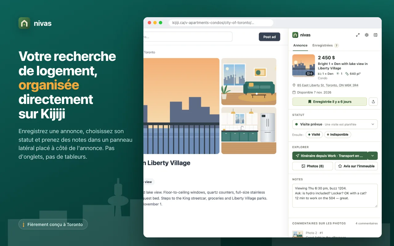 La barre latérale de nivas sur une annonce Kijiji, affichant son prix, son statut, ses notes et ses commentaires de photos.