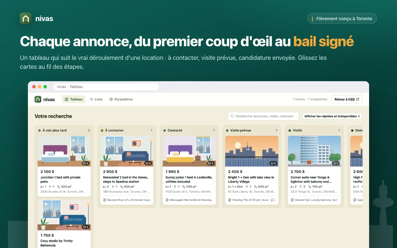 Le tableau nivas avec une colonne par statut, de « À voir plus tard » à « Candidature envoyée ».