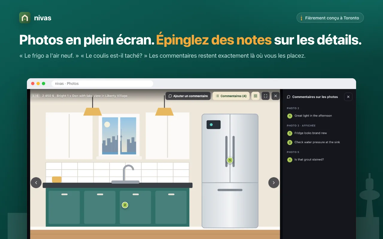 Une photo d'annonce en plein écran avec des épingles de commentaires numérotées et le panneau des commentaires de photos.