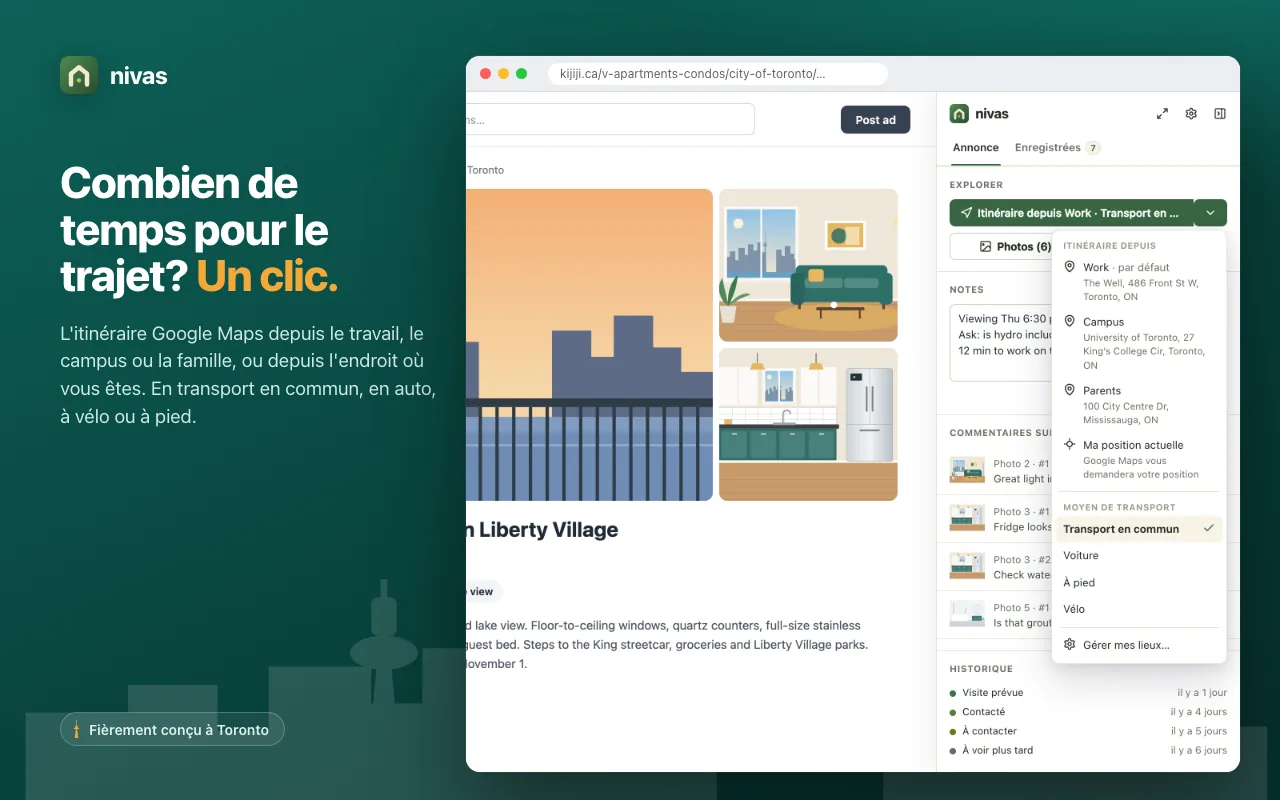 La barre latérale de nivas avec son menu d'itinéraires ouvert : lieux enregistrés comme Travail, Campus et Parents, et choix entre transport en commun, voiture, marche ou vélo.