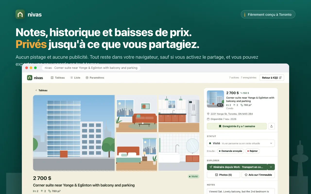 Une page d'annonce nivas avec ses photos, son statut, ses notes et son historique, stockée dans votre navigateur.