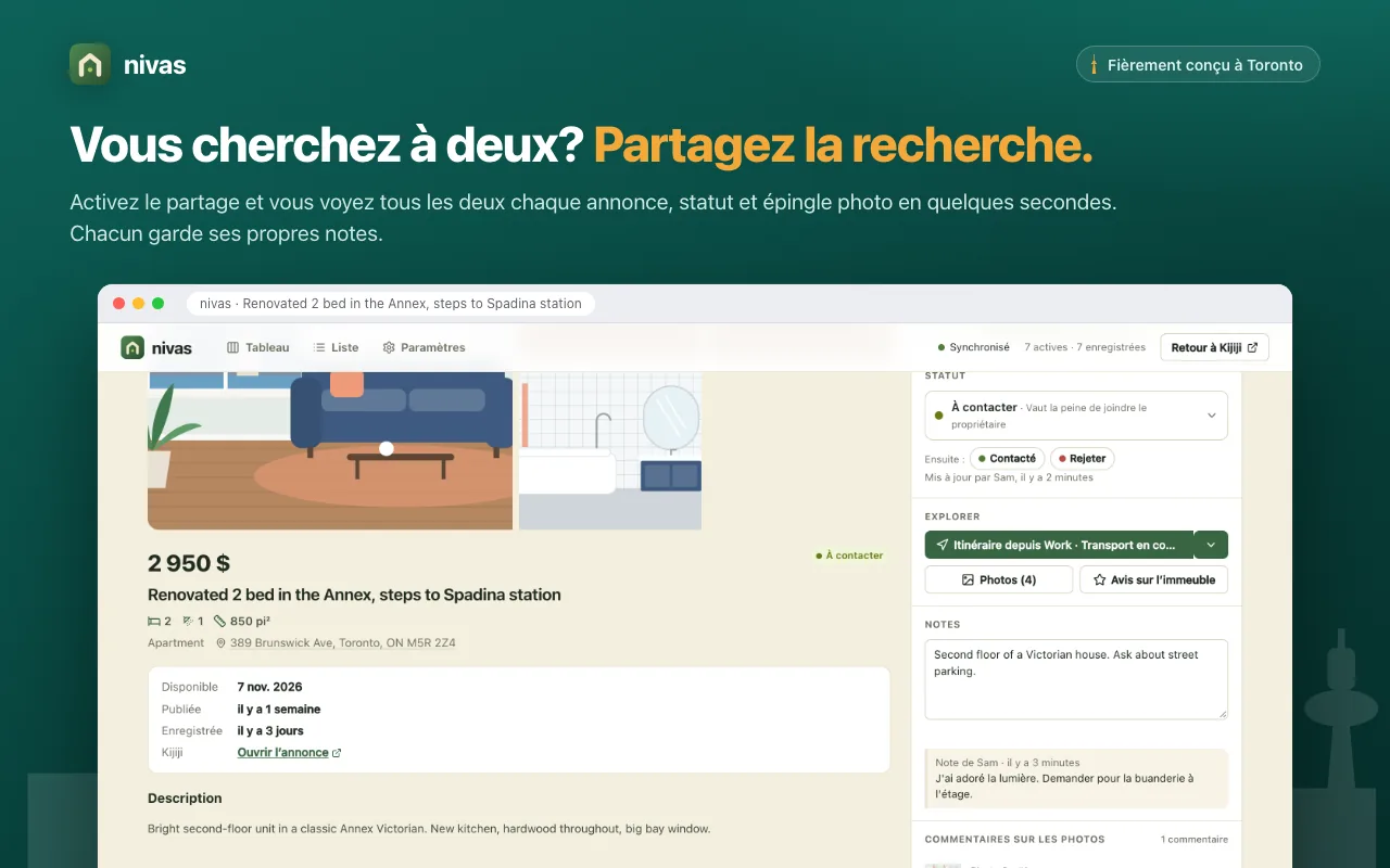 Une annonce partagée dans nivas avec une note de l'autre personne de l'offre.