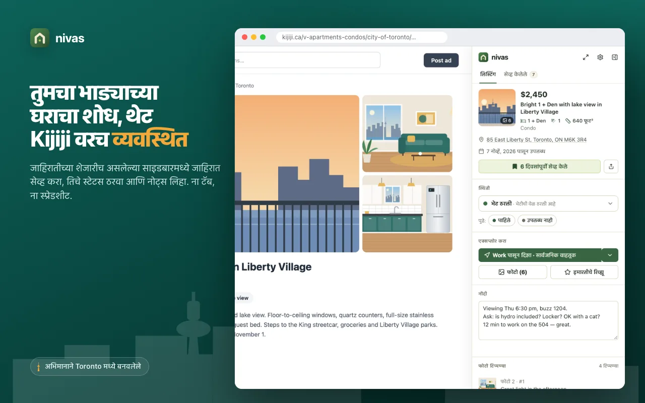 Kijiji वरील एका जाहिरातीवर nivas चा साइडबार, ज्यात तिची किंमत, स्थिती, नोट्स आणि फोटो कमेंट्स दिसत आहेत.