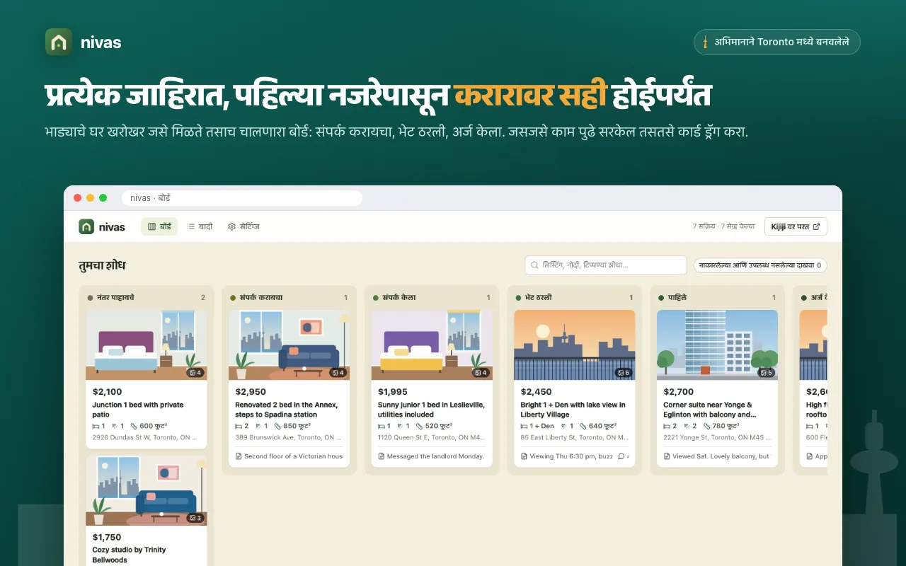 nivas चा बोर्ड, प्रत्येक स्थितीसाठी एक कॉलम, “नंतर पाहायचे” पासून “अर्ज केला” पर्यंत.